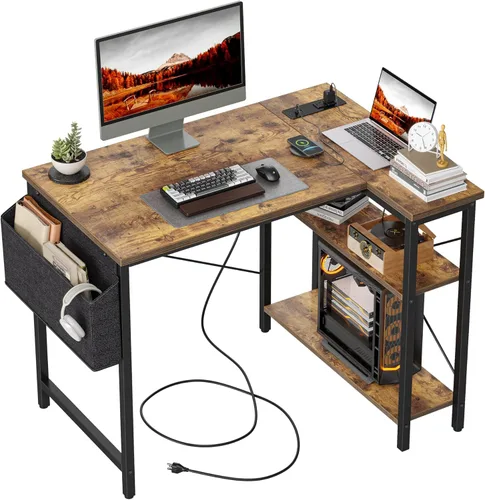 Miniatura 13 de TIQLAB - Escritorio pequeño de computadora con tomas de corriente, escritorio en forma de L de 40 pulgadas con estantes reversibles, escritorio