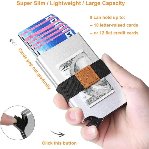 Miniatura 5 de Portatarjetas desplegable UpLook RFID Slim Wallet Card Case con clip magnético, Funda doble plateada, Minimalista