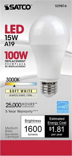 Miniatura 4 de Satco Lighting S29816 - Bombillas LED regulables A19 de 15 W, esmeriladas, 3000 K, base media E26, ángulo de haz de 220 grados, 120 voltios