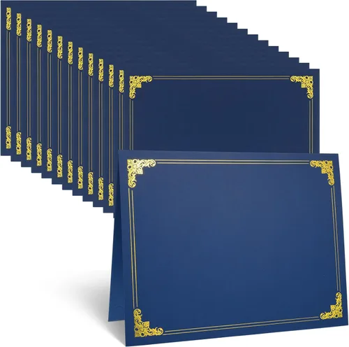 Soportes para certificados, paquete de 12 soportes para diploma azul marino con borde de lámina dorada, cubiertas para certificados de 8.5 x 11
