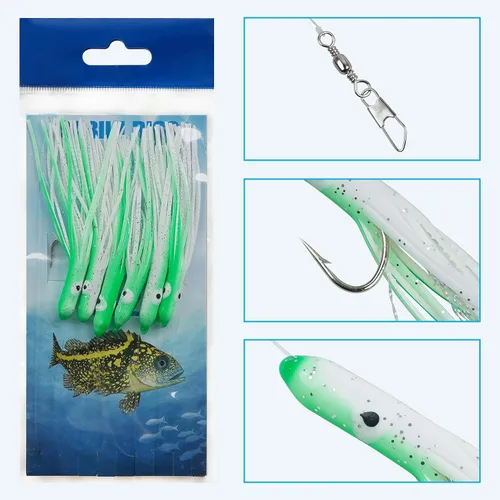 Miniatura 5 de Juego de aparejos de cebo de pesca para agua salada, 6 paquetes de señuelos de cebo de calamar, aparejos de pesca de surf con gancho de falda