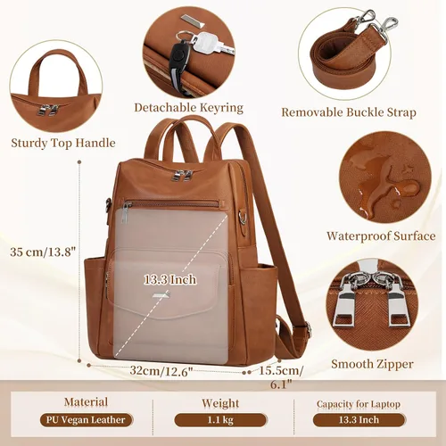 Miniatura 5 de RAINSMORE Mochila convertible para mujer, de piel sintética, impermeable, a la moda, de 13.3 pulgadas, antirrobo, bolsa de hombro cruzada