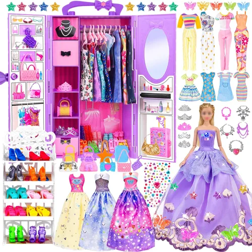 Miniatura 8 de Juego de 139 piezas de muñeca y armario de moda de 11.5 pulgadas: vestido de novia, trajes, zapatos, bolsos, collar, accesorios de calcomanías