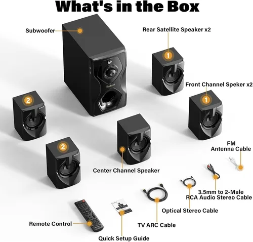 Miniatura 8 de Bobtot Sistema de sonido envolvente Altavoces de cine en casa - Subwoofer de 5.25 pulgadas, 700 vatios de potencia máxima 5.1/2.1 Sistema