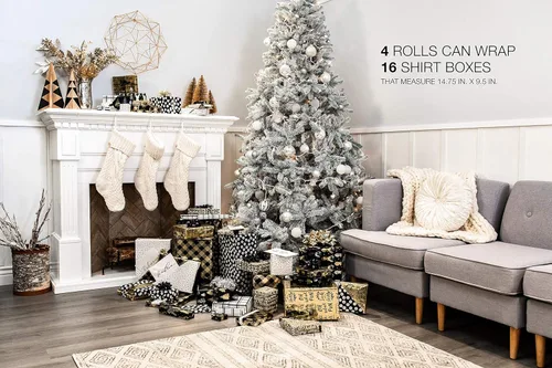Miniatura 6 de American Greetings - Rollos de papel de regalo de Navidad de aluminio, envoltura de regalo festiva metálica en amarillo dorado y negro