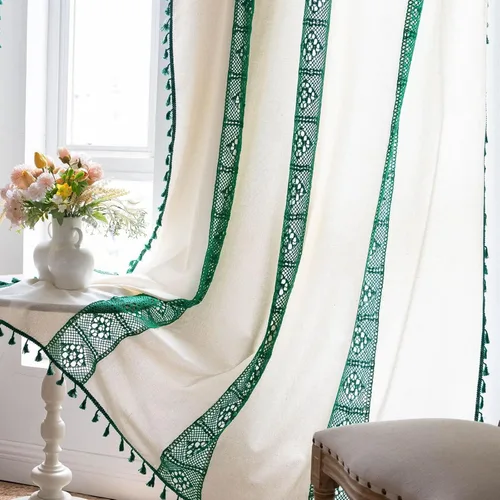 Miniatura 24 de Deeprove Cortinas bohemias para dormitorio, rayas huecas de ganchillo crema y estampado floral, tela de lino de algodón, con borlas beige bohemias
