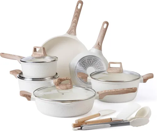 Country Kitchen Juego de ollas y sartenes antiadherentes, juego de utensilios de cocina de aluminio fundido con utensilios, juego de cocina