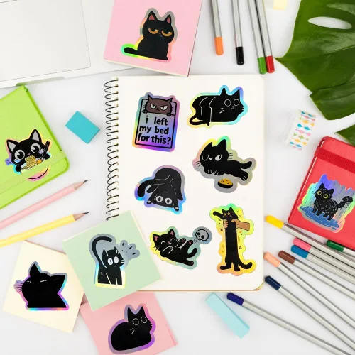 Miniatura 6 de 110 calcomanías holográficas de gato negro, divertidas y lindas calcomanías de vinilo de gato vacío, calcomanías impermeables con brillo de arcoíris