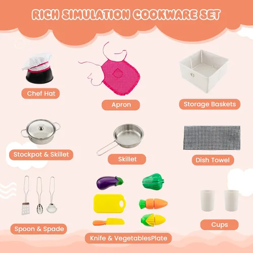 Miniatura 8 de INFANS Juego de Cocina de Esquina para Niños, Set de Cocina de Madera de Juguete para Niños Pequeños con Circulación Real de Agua Corriente, Luz