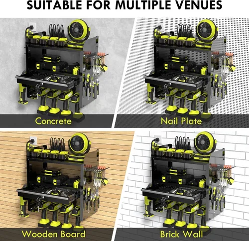 Miniatura 6 de KSVO Organizador de herramientas eléctricas para montaje en pared con estante de taladro y cajones de bloqueo, estante de herramientas de metal Negro