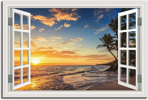 Miniatura 12 de Cuadro de pared de playa tropical para sala de estar, lienzo estilo marco de ventana, decoración de pared, palmera, impresión artística costera