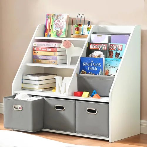 Miniatura 7 de Marcytop Montessori - Estantería y organizador de almacenamiento de juguetes, estantería de madera 3 en 1 con 3 contenedores de tela para juguetes