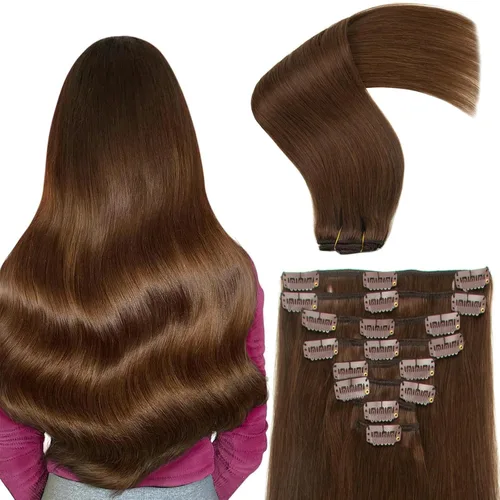 Miniatura 16 de Extensiones de cabello humano con clip, de 18 pulgadas, 8 piezas, color negro azabache, extensiones de cabello humano real para mujer, extensiones