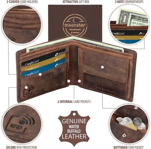 Miniatura 2 de Moonster Cartera de cuero para hombre con bloqueo RFID mantiene el efectivo y las tarjetas seguros organizados y de fácil acceso carteras delgadas