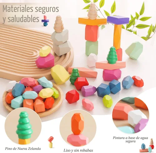 Miniatura 3 de OESSUF 48 piezas de bloques apilables, piedras apilables de equilibrio, juguetes de construcción de madera, juego de apilamiento de piedra de madera
