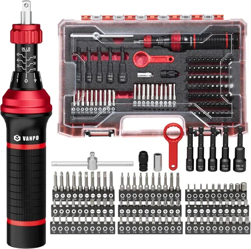 VANPO Juego de Destornilladores de Torque 10-60 in.lb, 99 Piezas Destornillador de Torque de 1/4" con Mango de Barra en T, Puntas S2, Llave de