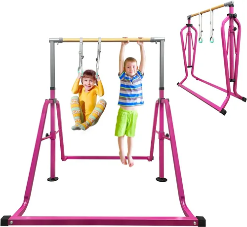 Miniatura 15 de GLANT Barra de gimnasia para niños con juego de anillos, 7 alturas ajustables, fácil de plegar, barra de entrenamiento de gimnasia para niños