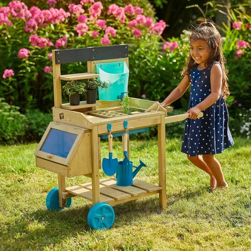 Miniatura 2 de TP Toys - Banco de macetas para niños, mesa de jardinería de madera para exteriores con ruedas, fregadero y grifo, estantes de almacenamiento