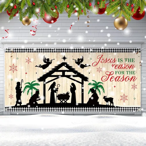 Miniatura 7 de Qeeenar Decoraciones Navideñas para Puerta de Garaje Establo de la Natividad Cubierta de Puerta de Garaje 6 x 13 pies Pesebre para Escena