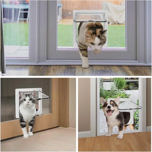 Miniatura 6 de Puerta delgada para gatos para ventanas, puertas para mascotas y puerta corredera, puerta de seguridad para mascotas con bloqueo de 4 vías, solapa