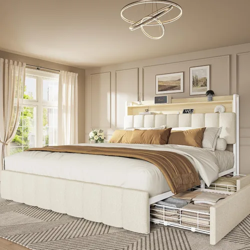 Miniatura 12 de PRAISUN Base de cama de tamaño matrimonial con cabecera tapizada y estación de carga, marco de cama de metal de tamaño matrimonial con 4 cajones