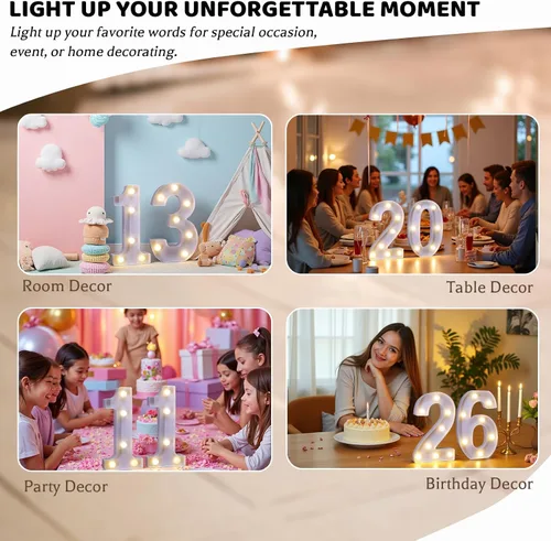 Miniatura 7 de Letras iluminadas para decoración de feliz cumpleaños, números LED alimentados por batería, letrero de número de marquesina para fiesta