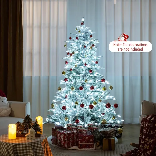 Miniatura 7 de DORTALA Árbol de Navidad flocado preiluminado de 6 pies, árbol de Navidad artificial con bisagras con 500 luces LED blancas frías, control remoto, 3