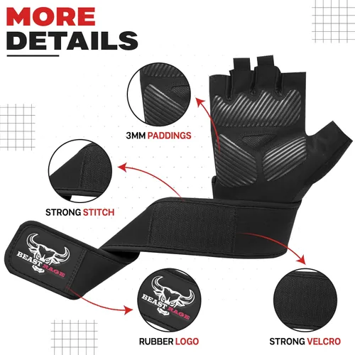 Miniatura 2 de BEAST RAGE Guantes de entrenamiento acolchados para hombres, correas largas para la muñeca estabilizan el agarre para adultos, guantes