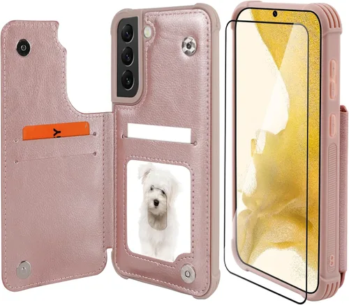 Miniatura 17 de VANAVAGY Funda tipo cartera compatible con Galaxy S22 con soporte para tarjetas de bloqueo RFID, piel sintética, cierre magnético, función atril