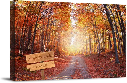 Autumn Path - Lienzo personalizado o impresión fotográfica y obra de arte enmarcada con nombres de pareja, fecha especial en impresiones, gran