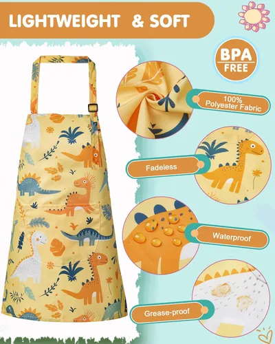 Miniatura 2 de Lictin Paquete de 2 delantales para niños y niñas para cocinar, delantal de arte impermeable con bolsillos para niños, pintar, cocinar, hornear