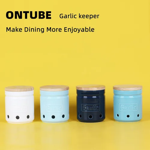 Miniatura 6 de Conservador de ajo ONTUBE con tapa de madera, recipiente de almacenamiento de ajo de cerámica de 4.5 pulgadas, recipiente de ajo para cocina, Azul