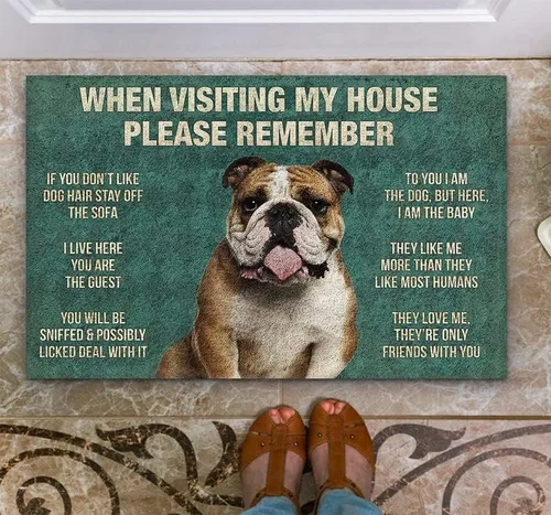 Tapete para puerta con texto en inglés «Please Remember Bulldog House Rules», tapete antideslizante divertido para baño, cocina, porche, decoración