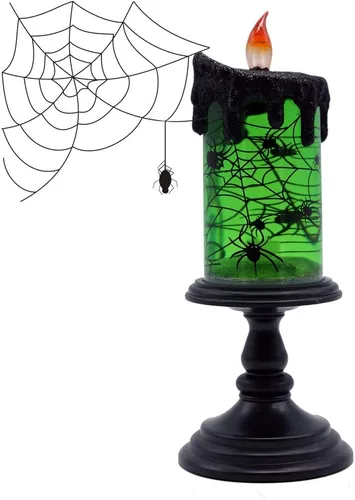 Miniatura 9 de Vela sin llama de Halloween, globo de nieve, funciona con pilas con temporizador de 6 horas, calcomanía de murciélago de luz amarilla, lámpara