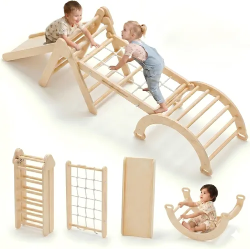Miniatura 8 de LINKHOO Pikler Triangle Set of 3, Wooden Montessori Climbing Set for Toddlers Ages 2-6, Indoor Jungle Gyms with Arch, Ramp and Ladder, Natural