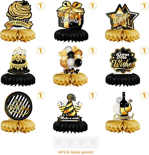 Miniatura 7 de 9 piezas de decoración de mesa de fiesta de cumpleaños, centros de mesa de panal de abeja de oro negro para mesa, decoración de mesa de cumpleaños