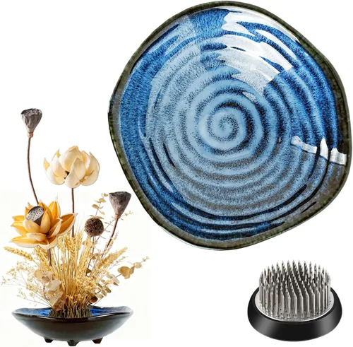 Kit de jarrón Ikebana - Juego de cuenco de rana floral, jarrón de cerámica de inspiración japonesa con rana floral metálica, cuenco soporte de tallo