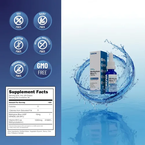 Miniatura 7 de Serova Wellness Methylene Blue 1% grado USP – Suplemento de apoyo para concentración, energía y claridad mental – Soporte antioxidante – Fabricado