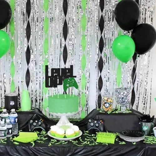 Miniatura 4 de Level Up - Decoración para tartas con purpurina negra y verde para fiesta de videojuegos, controlador de videojuegos, fanáticos de juegos, temática