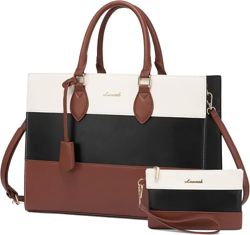 Miniatura 10 de LOVEVOOK Bolsa de mano para laptop para mujer, bolsa de trabajo, oficina, maletín para computadora con bolso de mano Negro