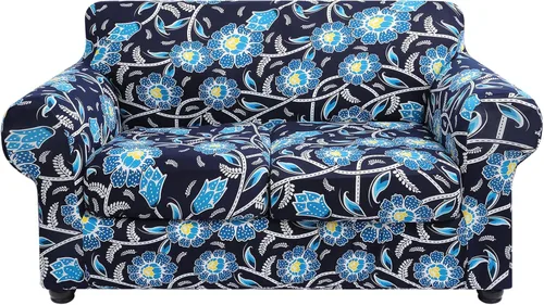 Miniatura 40 de hyha Funda para sofá, diseño floral, elástica, estampada, 4 piezas, fundas para sofá de 3 cojines separados, protector de muebles lavable para Azul