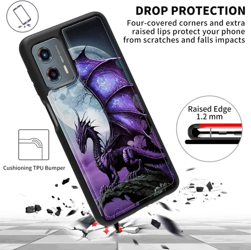 Miniatura 7 de FUYOCWE Funda para Motorola Moto G 5G 2023 con tarjetero, diseño de dragón morado bajo luna llena, piel sintética, función atril, ranura