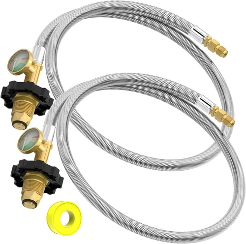2 paquetes de mangueras de propano RV con calibre, manguera de tanque de caravana trenzada de acero inoxidable de 36 pulgadas, conector de mangueras
