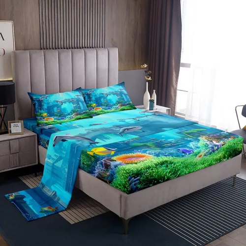 Erosebridal Juego de Sábanas del Mundo Submarino 3D Sábanas de Playa con Peces Azul Marino Tamaño King, Sábana Bajera Ajustable con Tiburón Delfín
