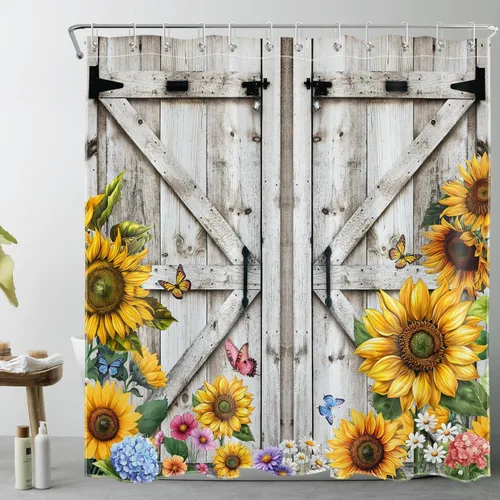 Miniatura 12 de Cortina de ducha con puerta de granero occidental para baño, lavanda púrpura y verde corona de eucalipto en tableros de madera rústica, cortina