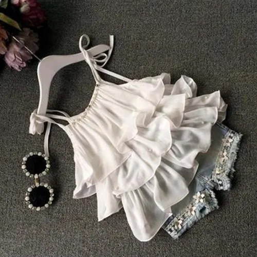 Miniatura 3 de Conjunto de ropa de chaleco de gasa con perlas y pantalones cortos de mezclilla para bebés de 2 a 7 años