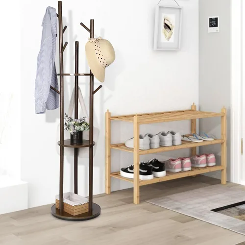 Miniatura 6 de Perchero de madera con 3 estantes y 9 ganchos, perchero giratorio independiente para entrada, dormitorio, sala de estar, pasillo, capacidad