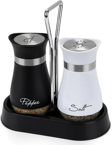 Miniatura 13 de Accmor Juego de saleros y pimenteros con soporte, recipientes de acero inoxidable de 4 onzas con fondo de vidrio para cocina, barbacoa, bar, mesa