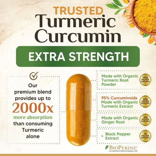 Miniatura 6 de Suplemento de curcumina de cúrcuma de 1750 mg con cúrcuma y jengibre orgánicos, 95% curcuminoides, pimienta negra BioPerine para una mejor