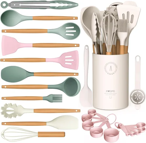 Juego de Utensilios de Cocina de Silicona - AVGPD Utensilios de Cocina de Silicona para Cocinar con Mangos de Madera, Resistente al Calor 446°F,